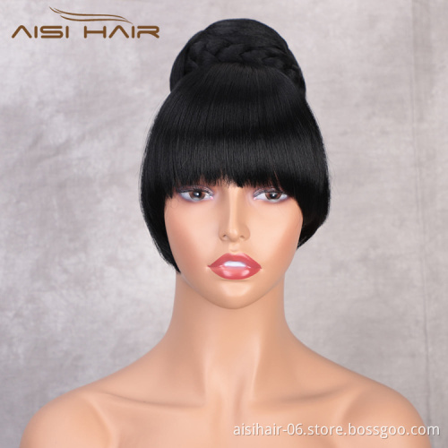 Aisi Hair New Design Natural Straight Black Color Hair Bun With Bangs Silky Straight Synthetic Hair Extension For Black Women